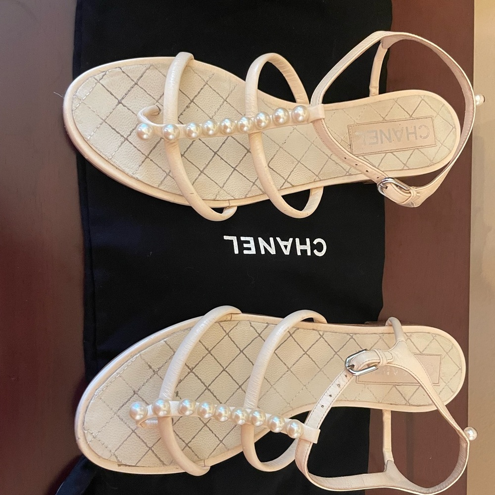 Chanel Cream Pearl-Strap Sandals